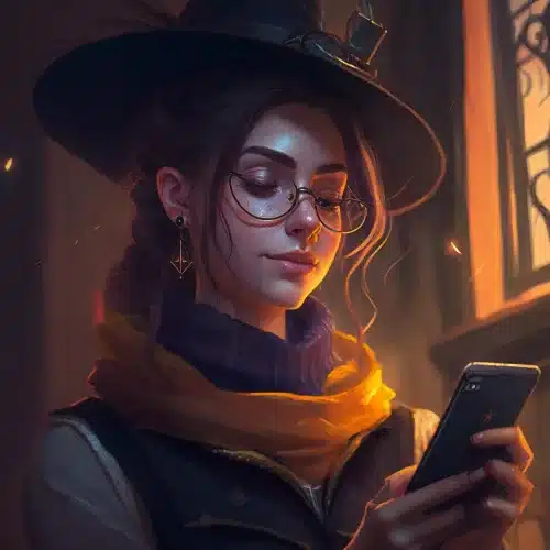 Portrait d'une sorcière sur son téléphone ecrivant des messages à la communauté d'Estéria